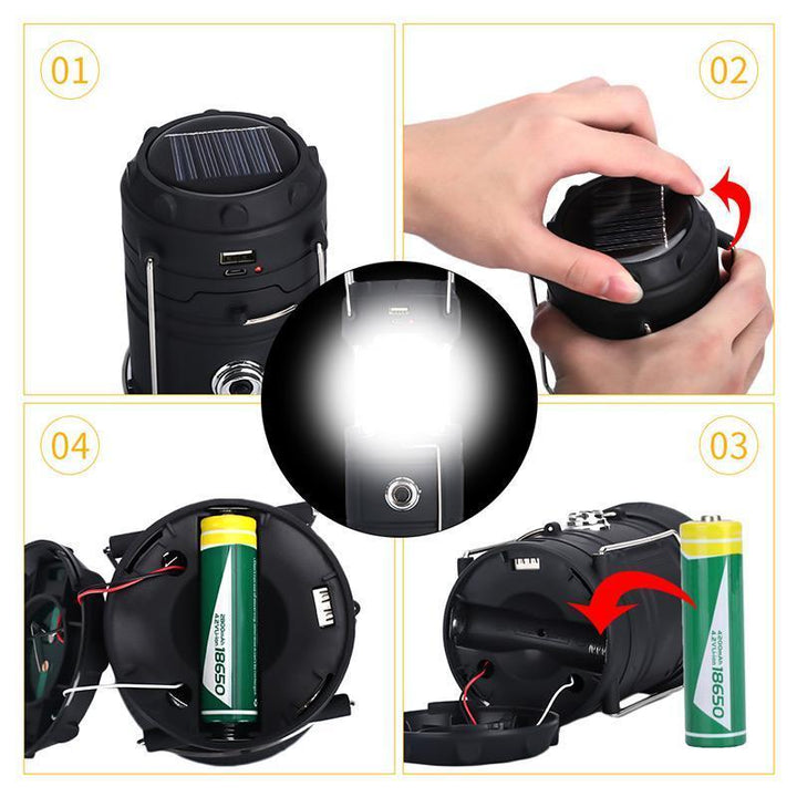 Rechargeable LED camping lantern with a unique flickering flame and powerful flashlight beam, ultimate adventure gear.