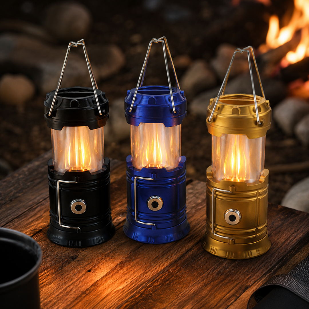Reliable 3-in-1 LED camping lantern with a flashlight, ambient flame effect, and solar charging for all outdoor use.