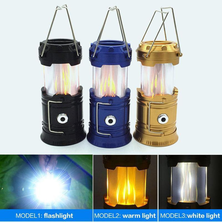 Solar-powered camping lantern with integrated LED flashlight, offering reliable outdoor lighting for any adventure.