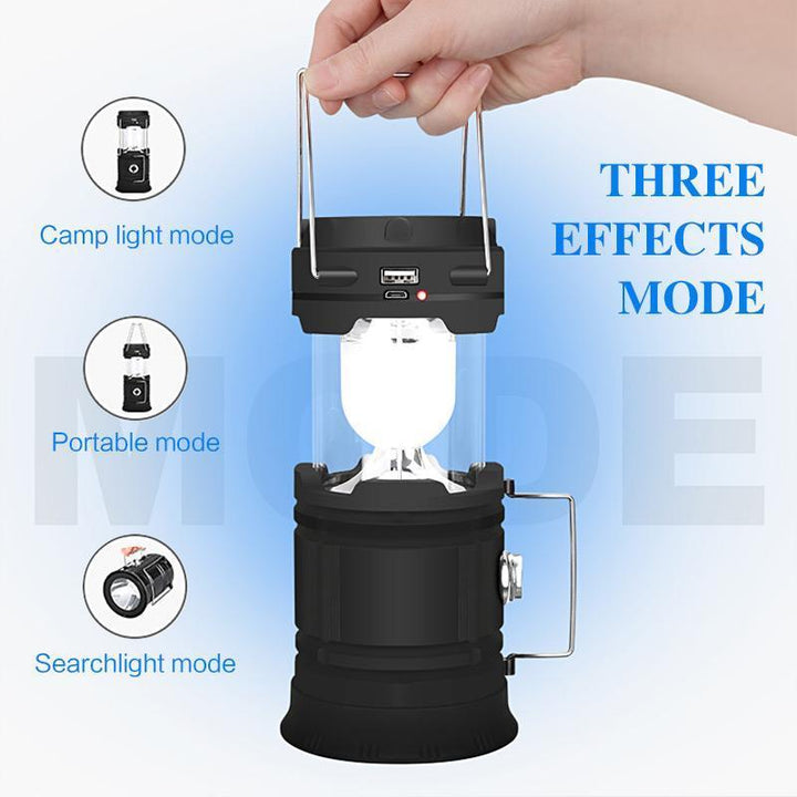 Compact & portable 3-in-1 LED lantern, featuring a cozy flame effect and powerful flashlight for outdoor excursions.