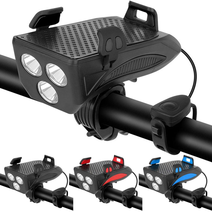 Unisex 4-in-1 LED bike light system with phone mount, power bank & loud horn for enhanced cycling safety.