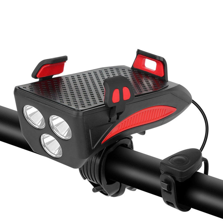 Bright LED bike light with phone mount & USB power bank for safe, convenient outdoor cycling. Handlebar mount.