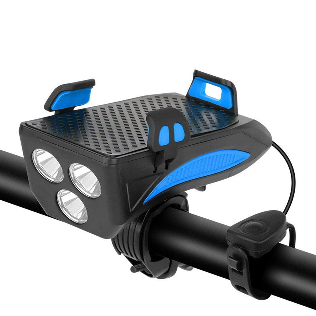 4-in-1 LED bike light system: phone mount, power bank & horn, easily attaches to handlebars for bike safety.