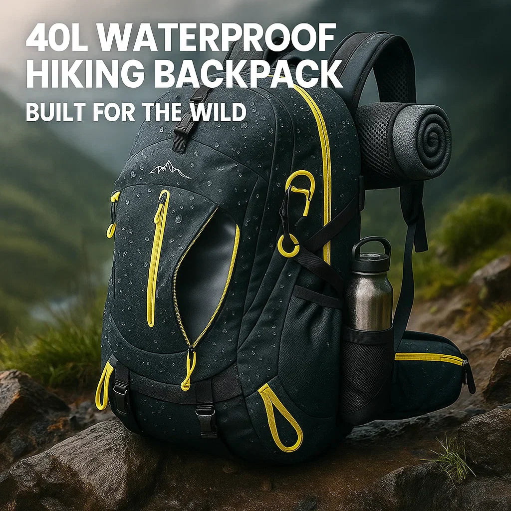 Organized compartments of 40L waterproof backpack, great for outdoor travel.
