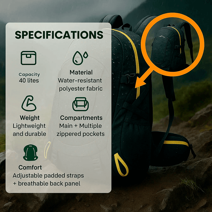 Heavy-duty 40L waterproof backpack, perfect for long hiking and camping trips.