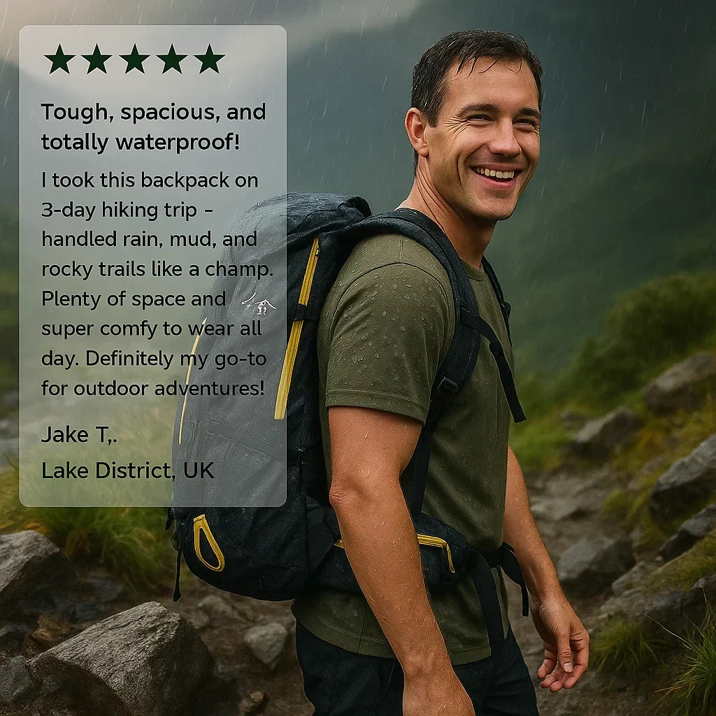 Hiker carrying a 40L waterproof backpack, showcasing its lightweight design.