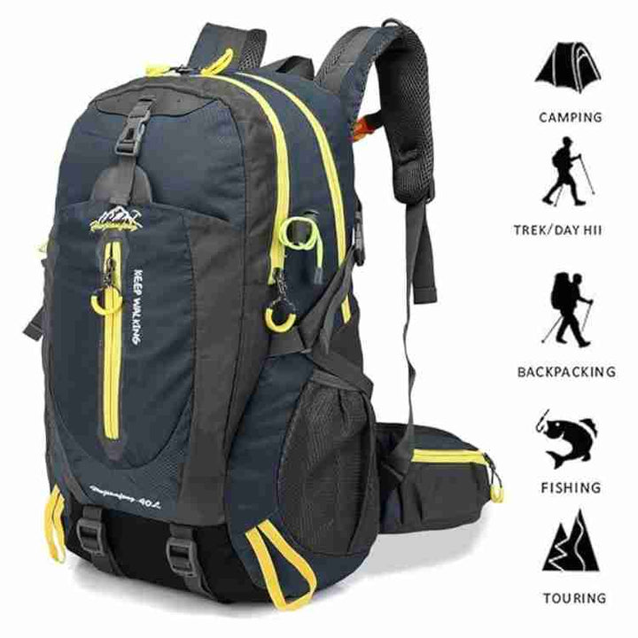 Side view of versatile 40L waterproof hiking backpack with multiple pockets.