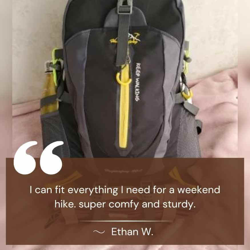 Man wearing 40L waterproof hiking backpack on a scenic mountain trail.