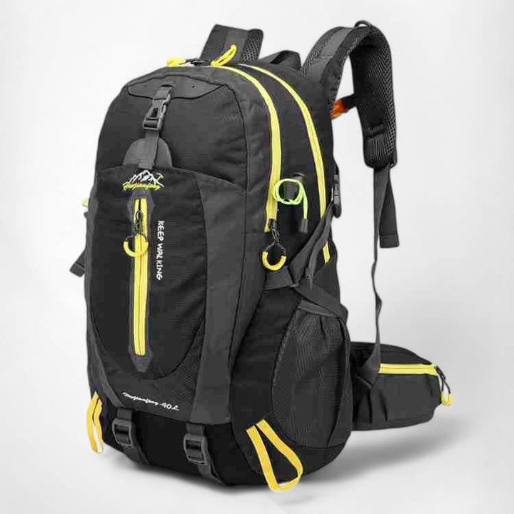 Woman wearing lightweight 40L waterproof backpack on a travel adventure.