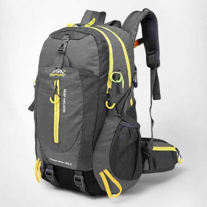 Close-up of durable waterproof fabric on 40L hiking backpack.