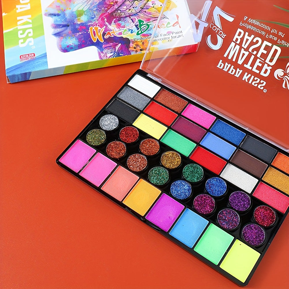 Unisex 42-color water-based face & body paint set with vibrant colors & glitter for creative art.