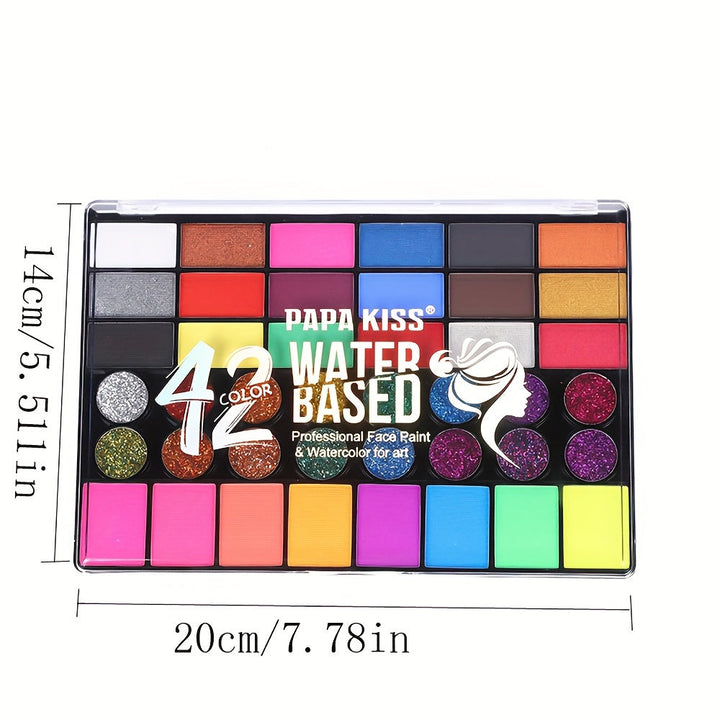 Vibrant 42-color water-based face paint kit, perfect for cosplay, festivals, makeup art, and parties.