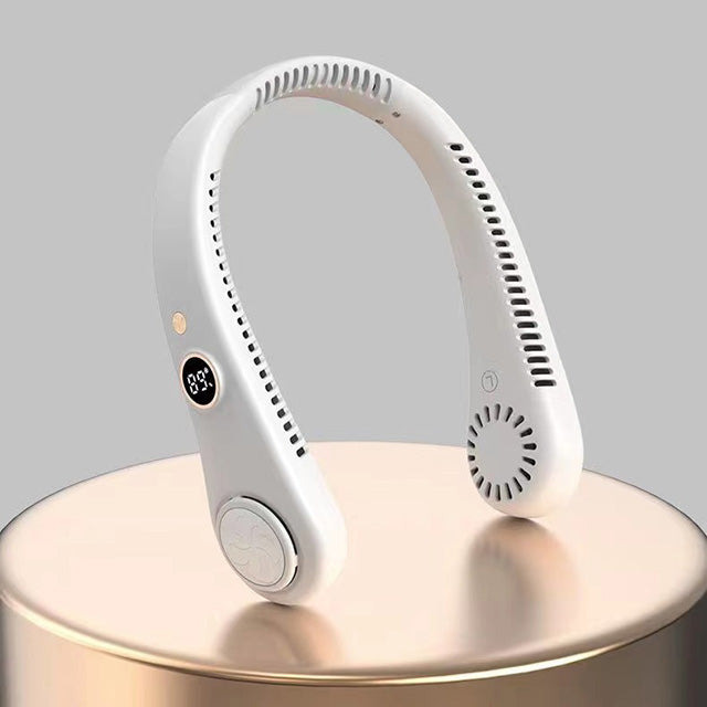 Unisex 5-speed portable neck cooling fan with a comfortable, safe bladeless design for personal comfort.