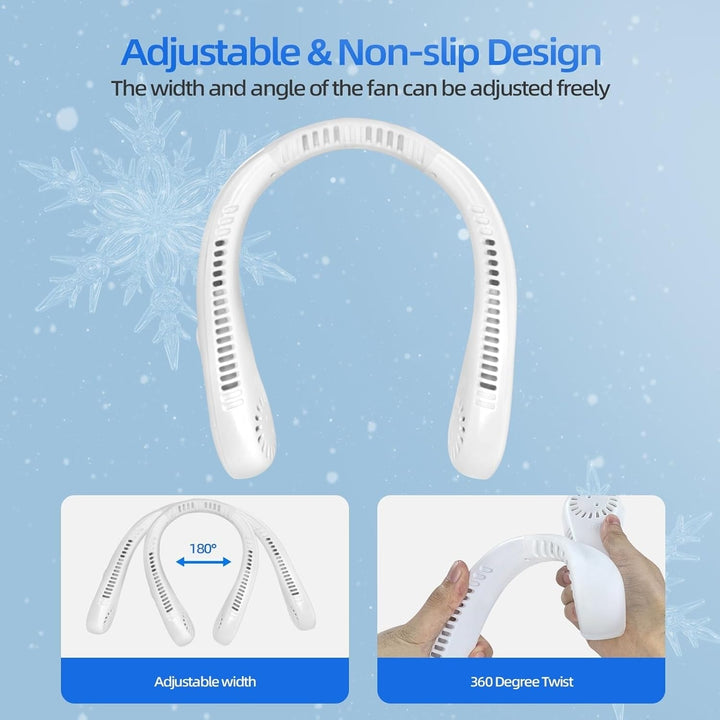 Compact 5-speed bladeless neck fan. Essential personal cooler for outdoor activities, travel, and everyday wear.