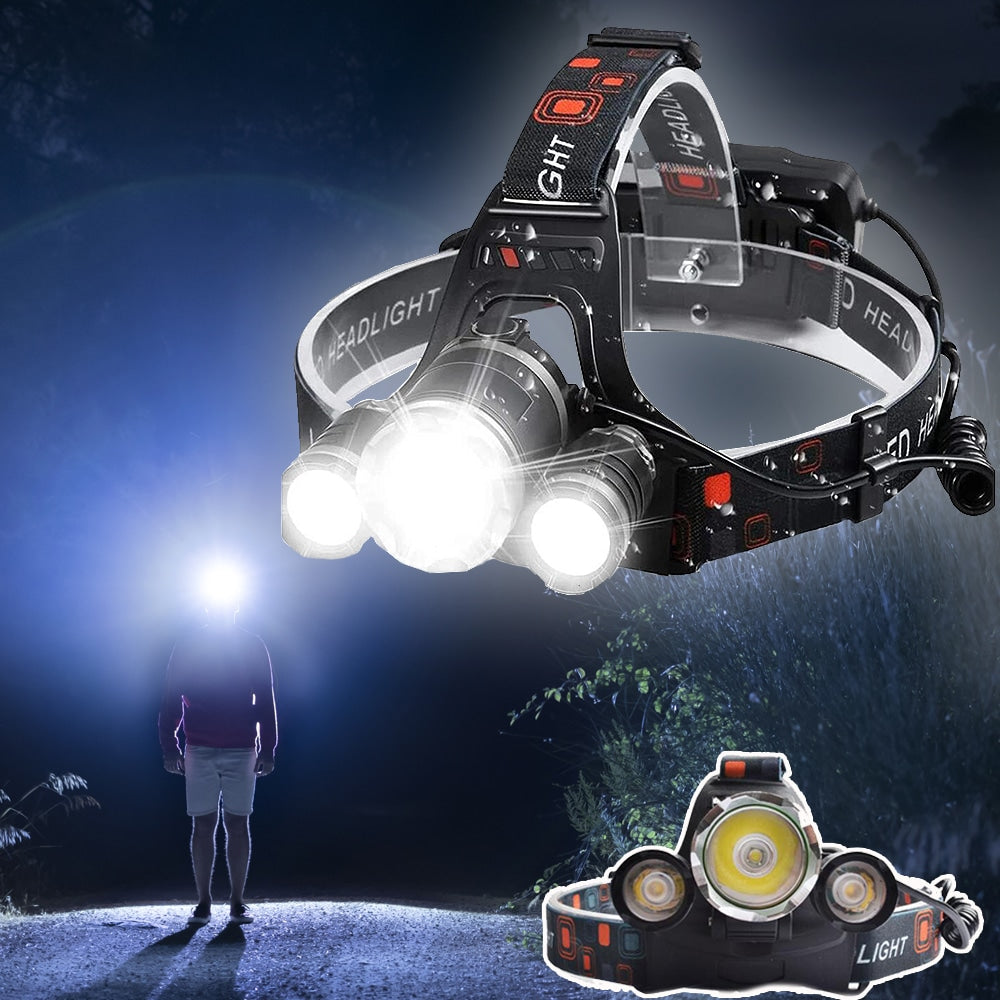 Unisex 5000 Lumen LED headlamp, rechargeable, perfect for camping, hiking, fishing & outdoor adventures.