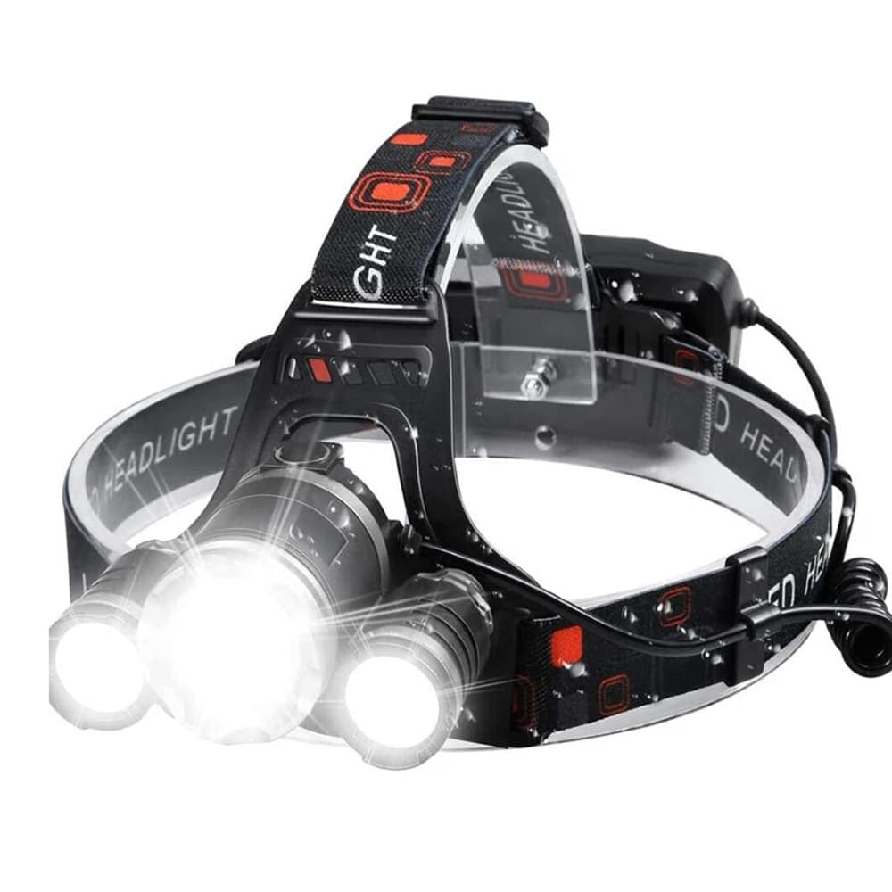 Powerful 5000 Lumen LED headlamp for hiking, camping & emergency use. Rechargeable & multifunctional.