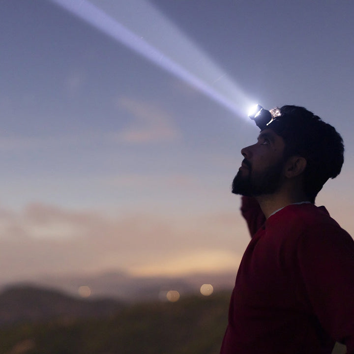 Multifunctional 5000 Lumen LED headlamp. Rechargeable, bright light for camping, hiking & outdoor activities.