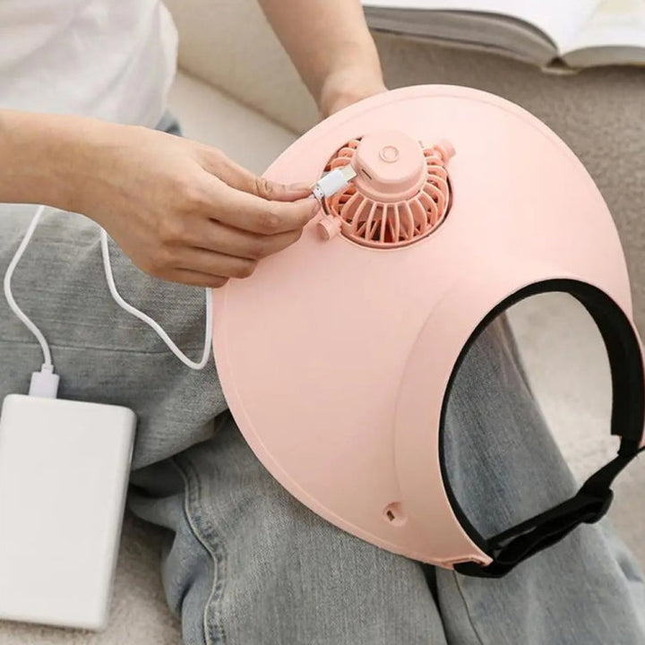 Keep cool & protected: adjustable sun visor cap with a built-in rechargeable personal fan.