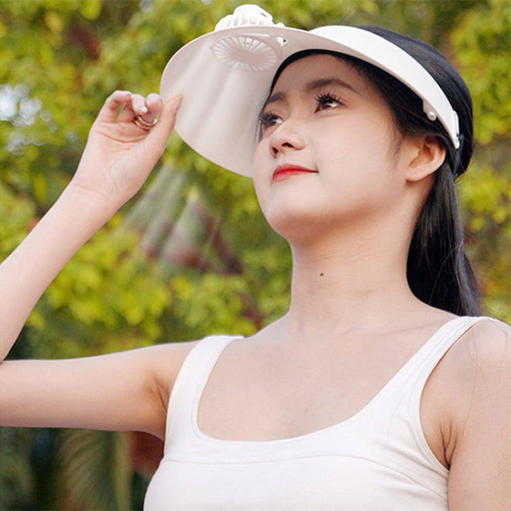 Unisex AirShade sun visor cap, rechargeable cooling fan hat for outdoor activities & summer comfort.