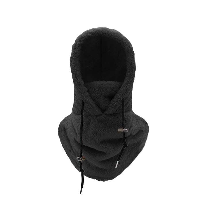 Stylish black unisex fleece winter hat, 3-in-1 design for warmth, wind protection, and versatility.