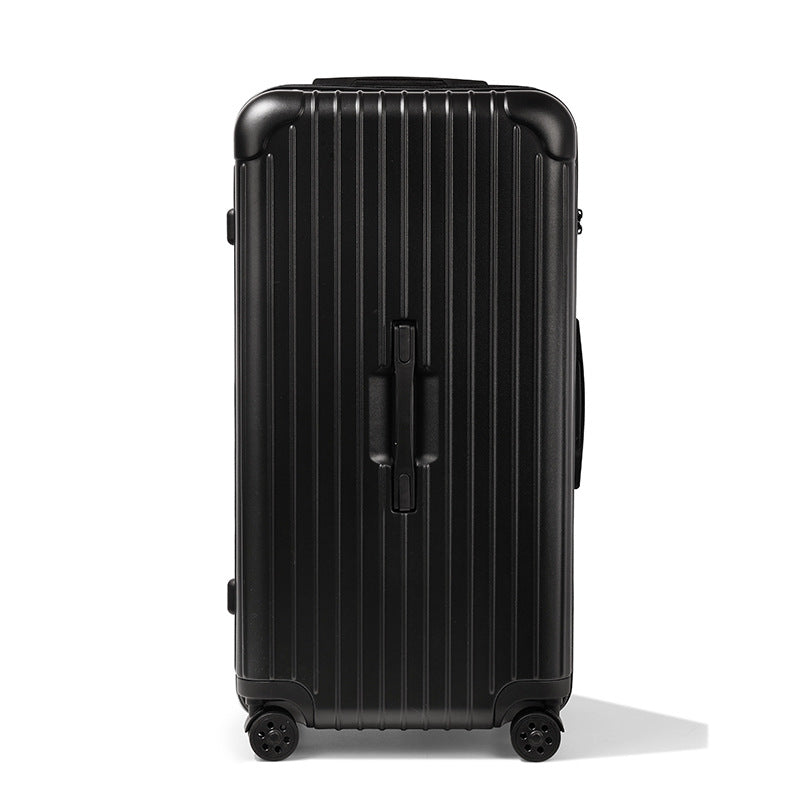 Sleek black hardshell luggage, a durable travel companion for seamless airport navigation.