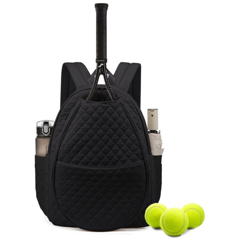 Unisex black tennis racquet backpack with insulated pockets for gear & court essentials.
