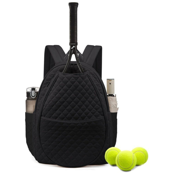 Unisex black tennis racquet backpack with insulated pockets for gear & court essentials.