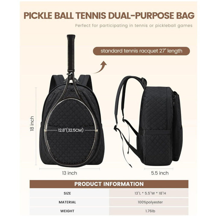 Stylish beige & black tennis backpack, perfect for players carrying racquets, shoes & gear.
