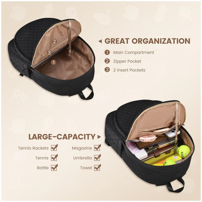 Spacious tennis sports bag in black, designed for racquets, balls, and insulated snacks on court.