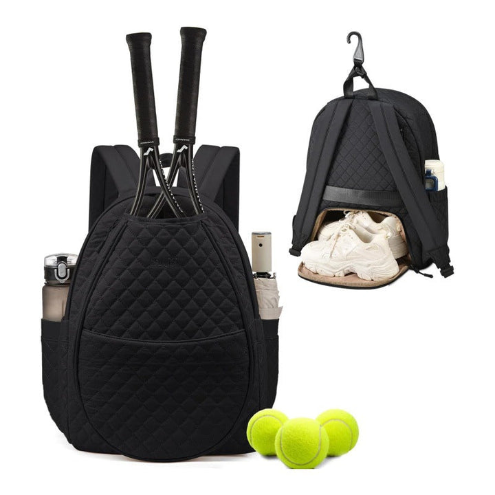Versatile black tennis gear backpack with insulated pockets for drinks, ideal for male & female players.