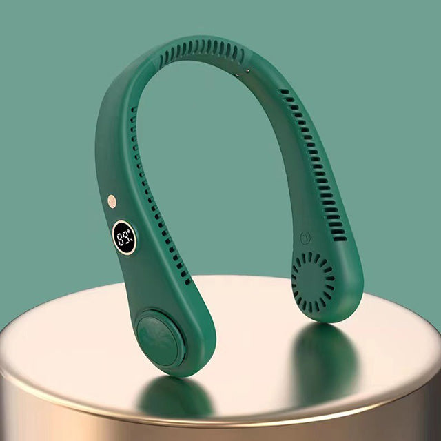 Sleek unisex bladeless neck fan, 5-speed portable personal cooler providing constant comfort.