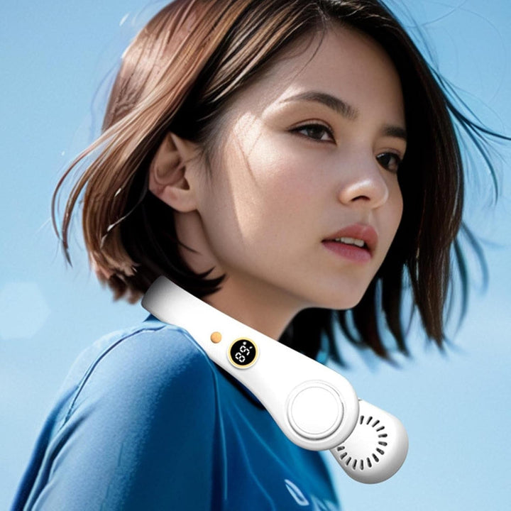 Rechargeable hands-free neck fan, 5-speed personal cooling gadget for travel and outdoor activities.