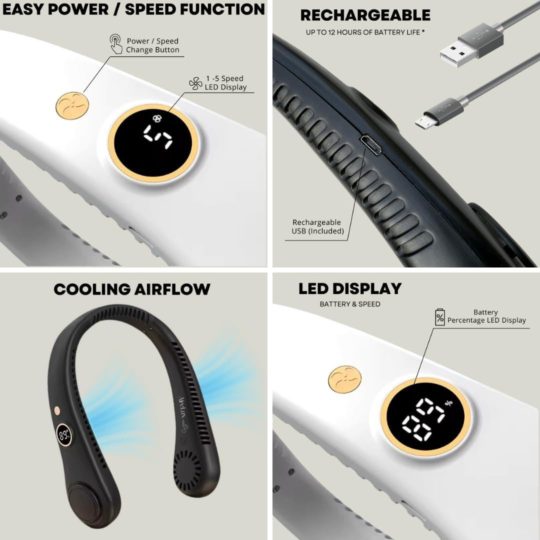 Lightweight 5-speed bladeless neck fan, a personal cooling solution for indoor and outdoor use.