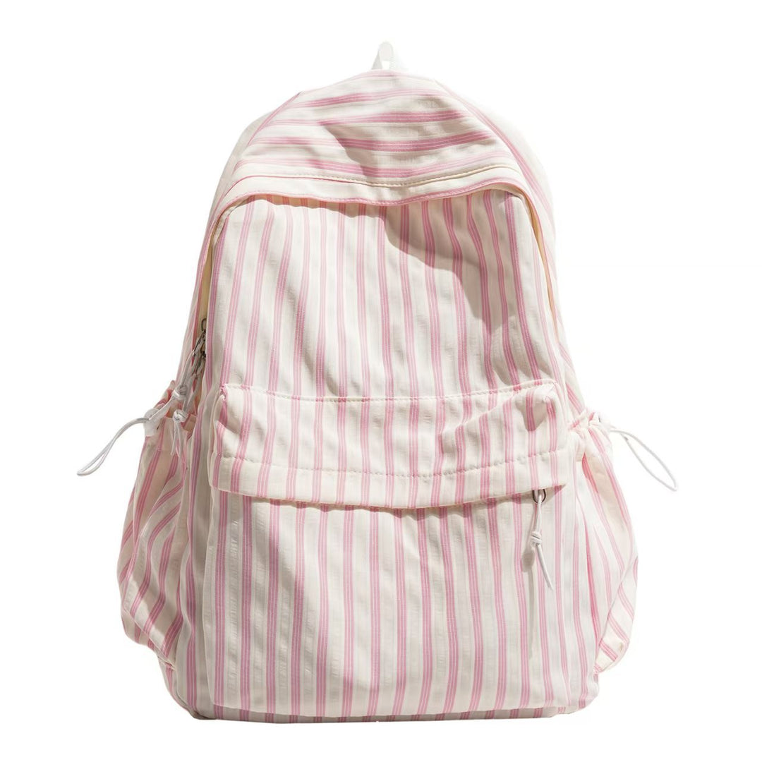 Unisex blue striped backpack with practical side pockets for school, travel, and daily casual use.