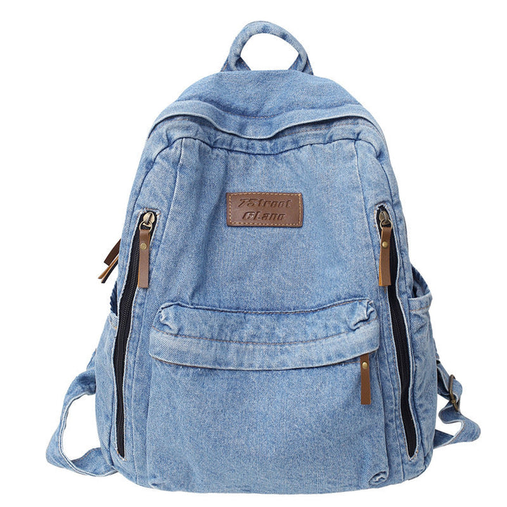 Unisex casual denim school backpack in a classic design, perfect for everyday use, travel, or campus.
