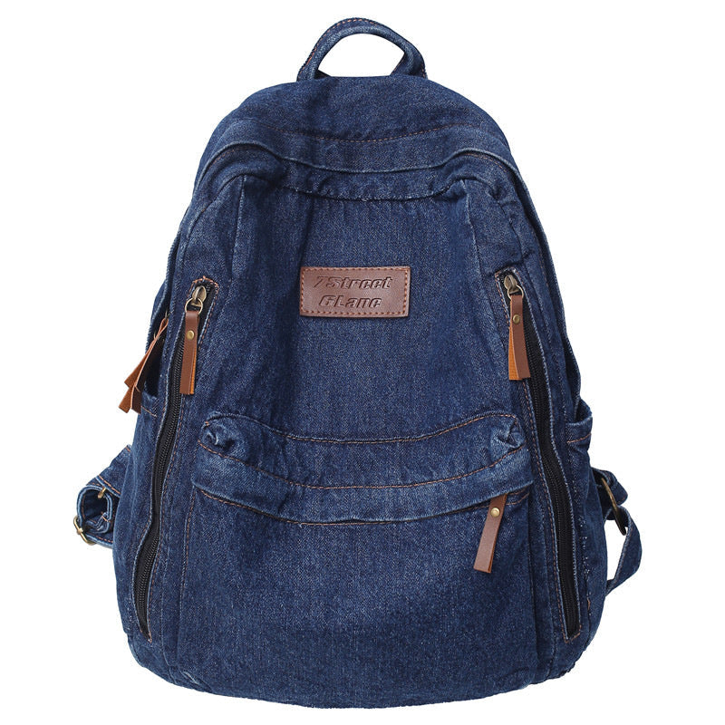 Light blue denim backpack, unisex design, ideal for school, daily commutes, or as a stylish everyday bag.