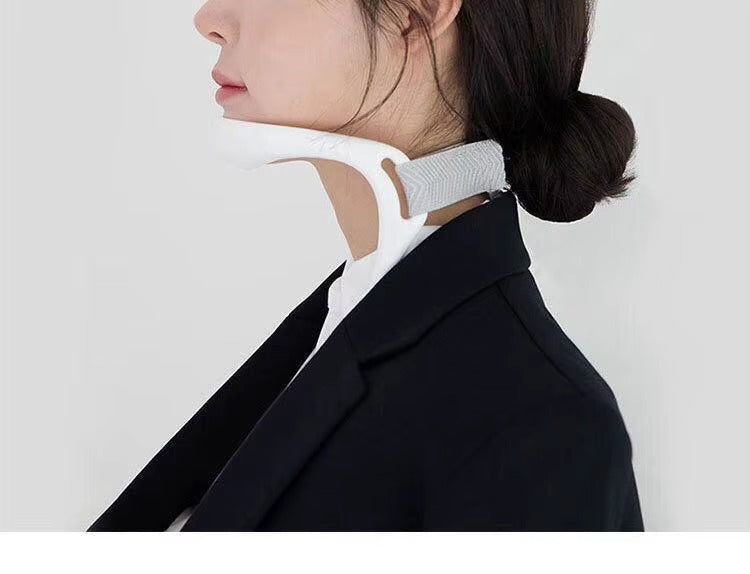 Person wearing a beige unisex cervical collar, demonstrating comfortable neck support for pain relief & posture.