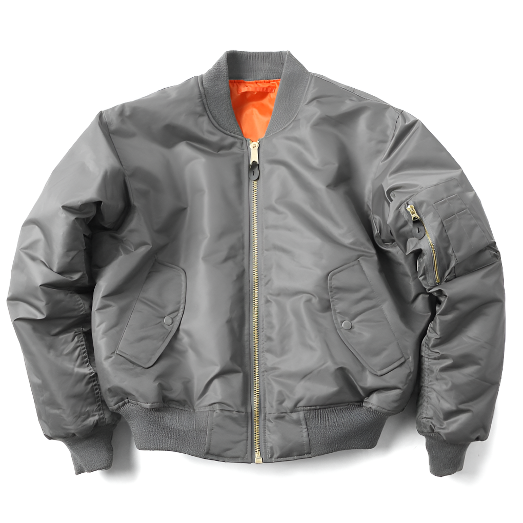 Close-up detail of the ribbed collar on a unisex classic bomber jacket.