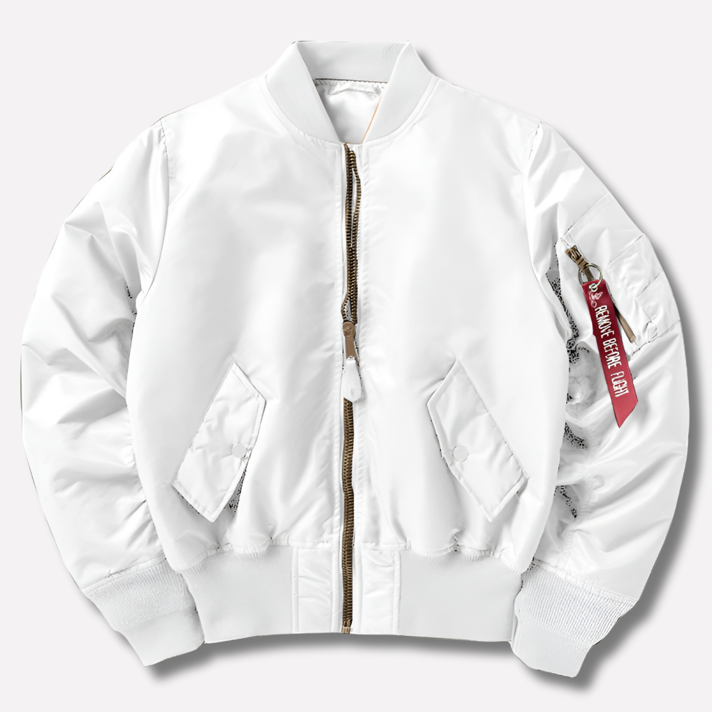 Model wearing a unisex bomber jacket, showcasing its casual and comfortable fit.