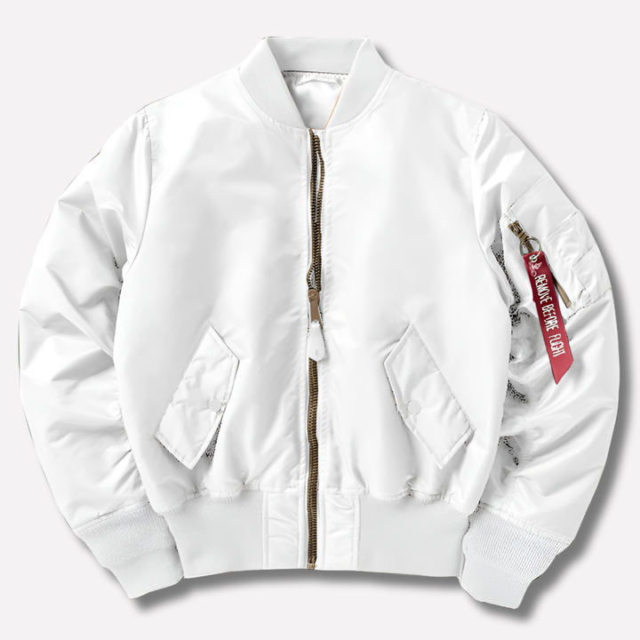 Model wearing a unisex bomber jacket, showcasing its casual and comfortable fit.