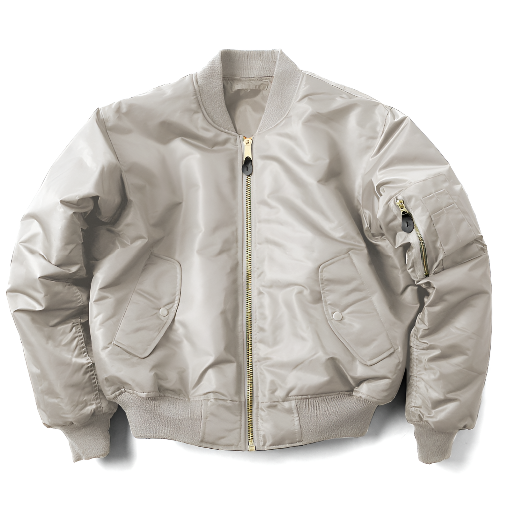 Close-up of the zipper on a durable, all-season bomber jacket for unisex wear.