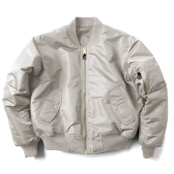 Close-up of the zipper on a durable, all-season bomber jacket for unisex wear.