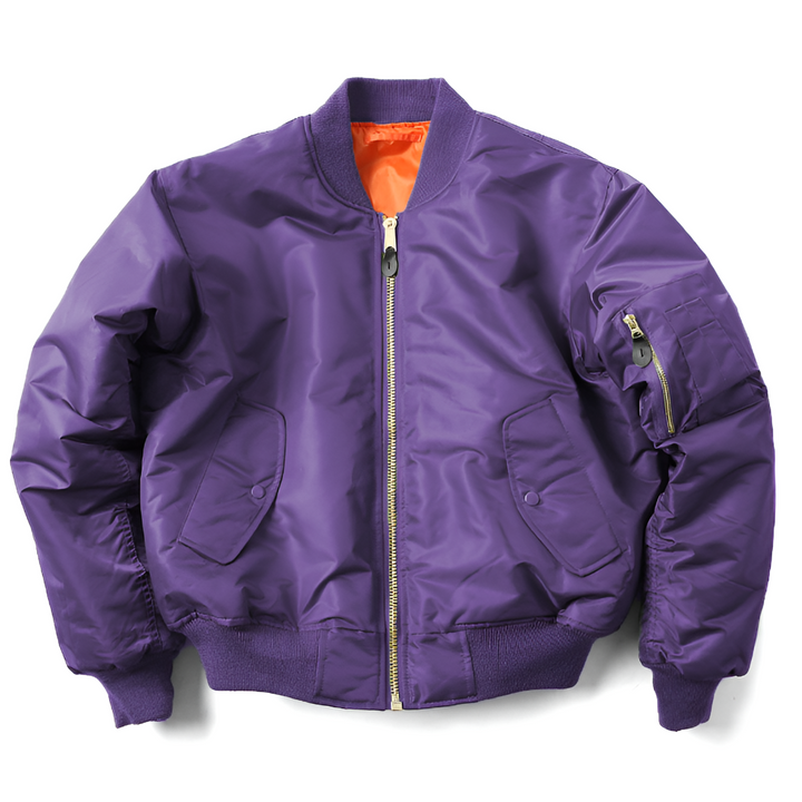 Back view of a unisex bomber jacket, highlighting its clean and versatile design.