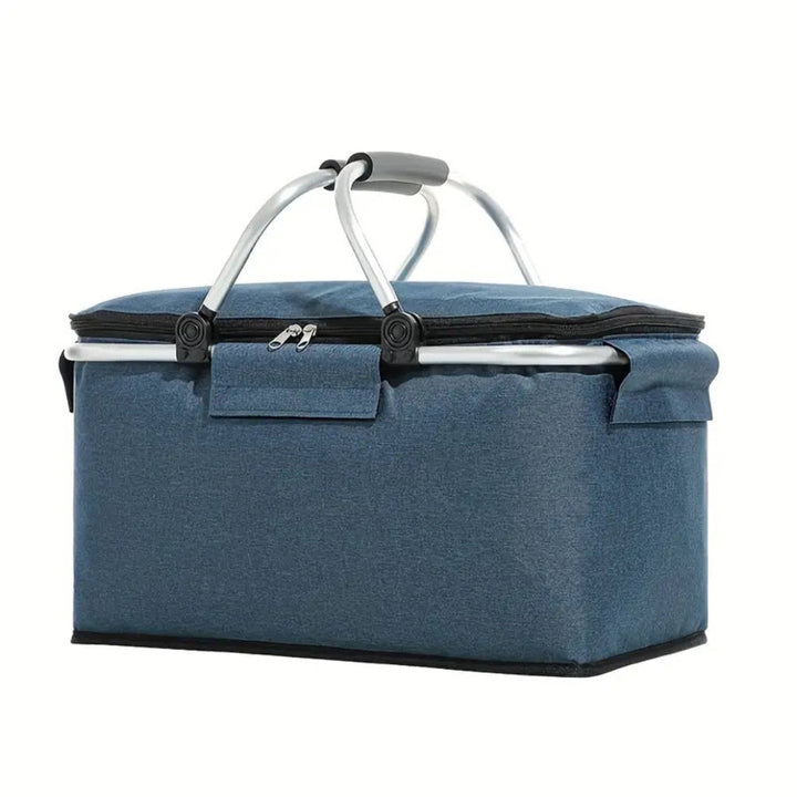 Lightweight collapsible travel cooler with sturdy handle & insulated interior for keeping food fresh.