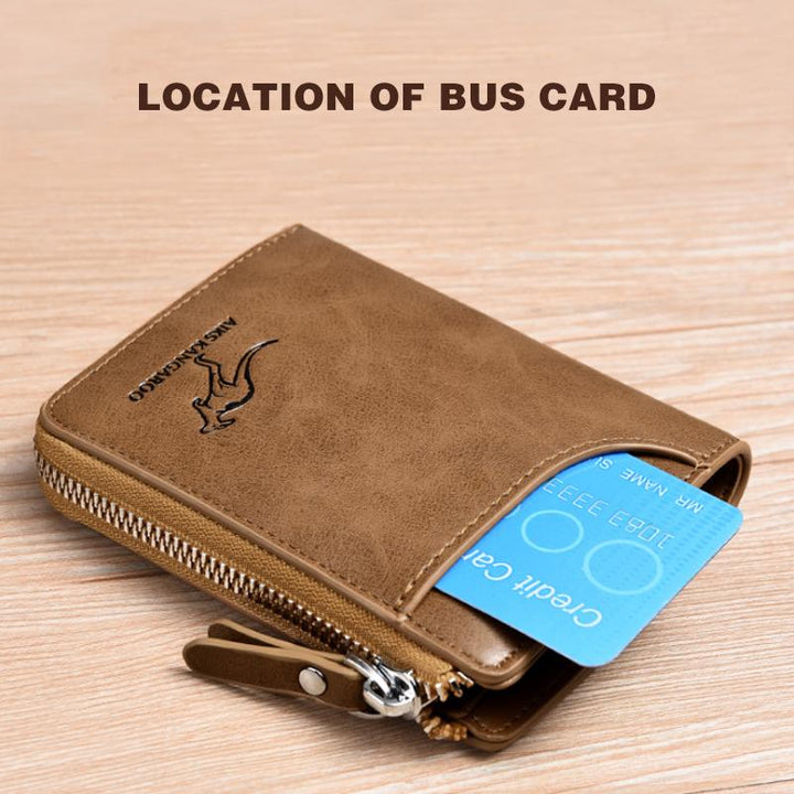 Stylish khaki PU leather compact wallet for men & women, features RFID blocking & a slim design.