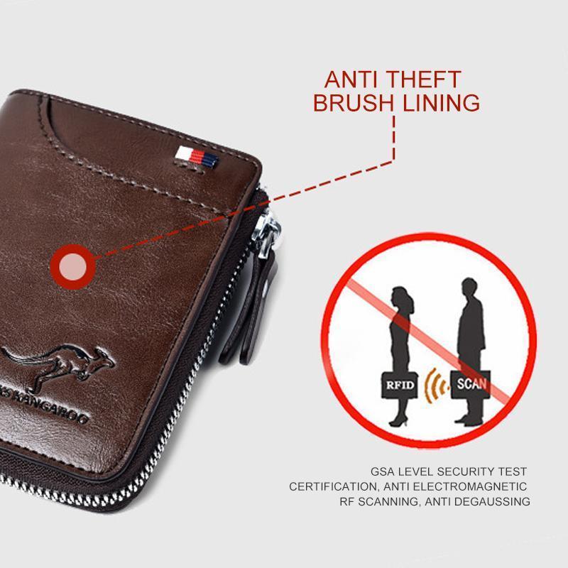 Slim brown RFID blocking wallet. Compact PU leather card holder with secure snap for everyday carry.