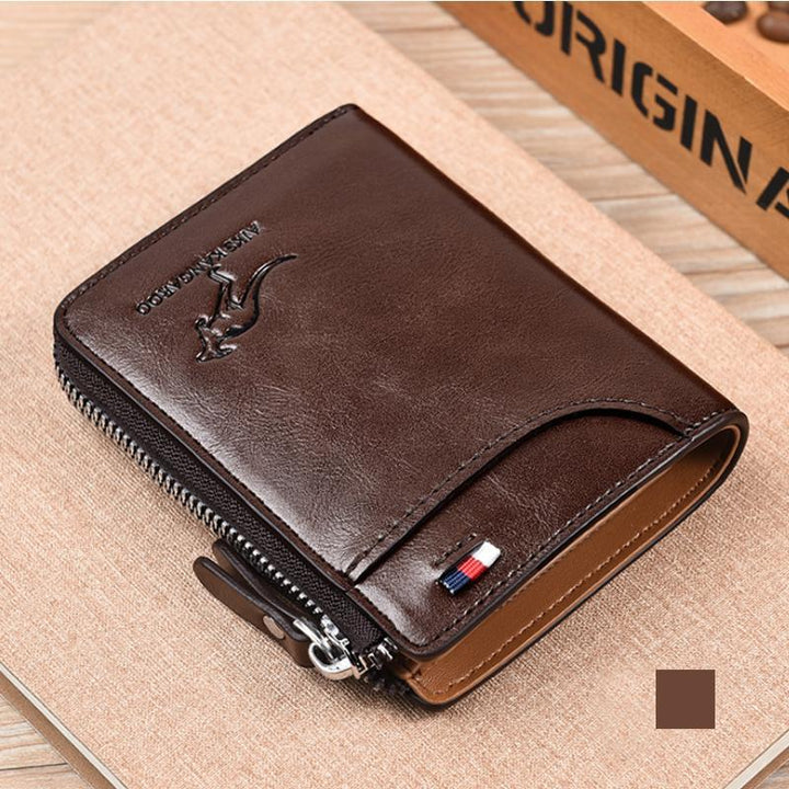 Elegant brown compact wallet, unisex PU leather with RFID blocking for secure, stylish everyday carry.