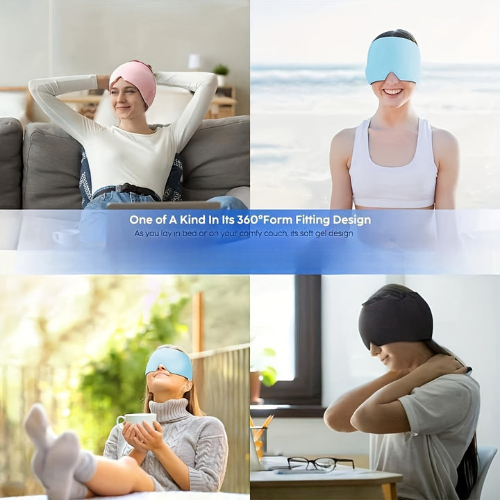 Relaxing cooling migraine hat, perfect for quiet relief from head pain at home.