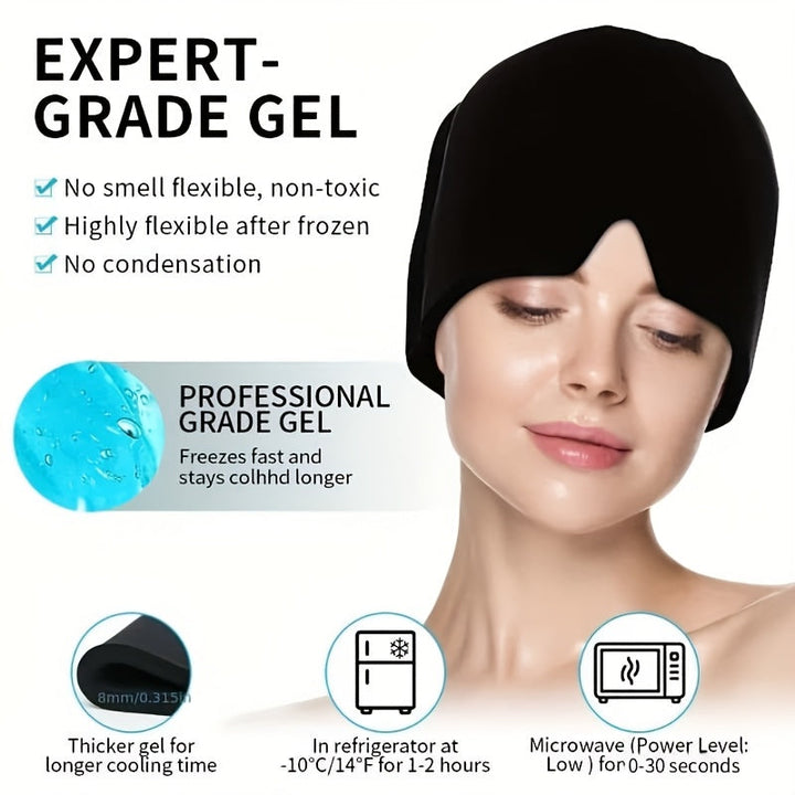 Wellness cooling hat for migraine, promoting relaxation and stress relief.