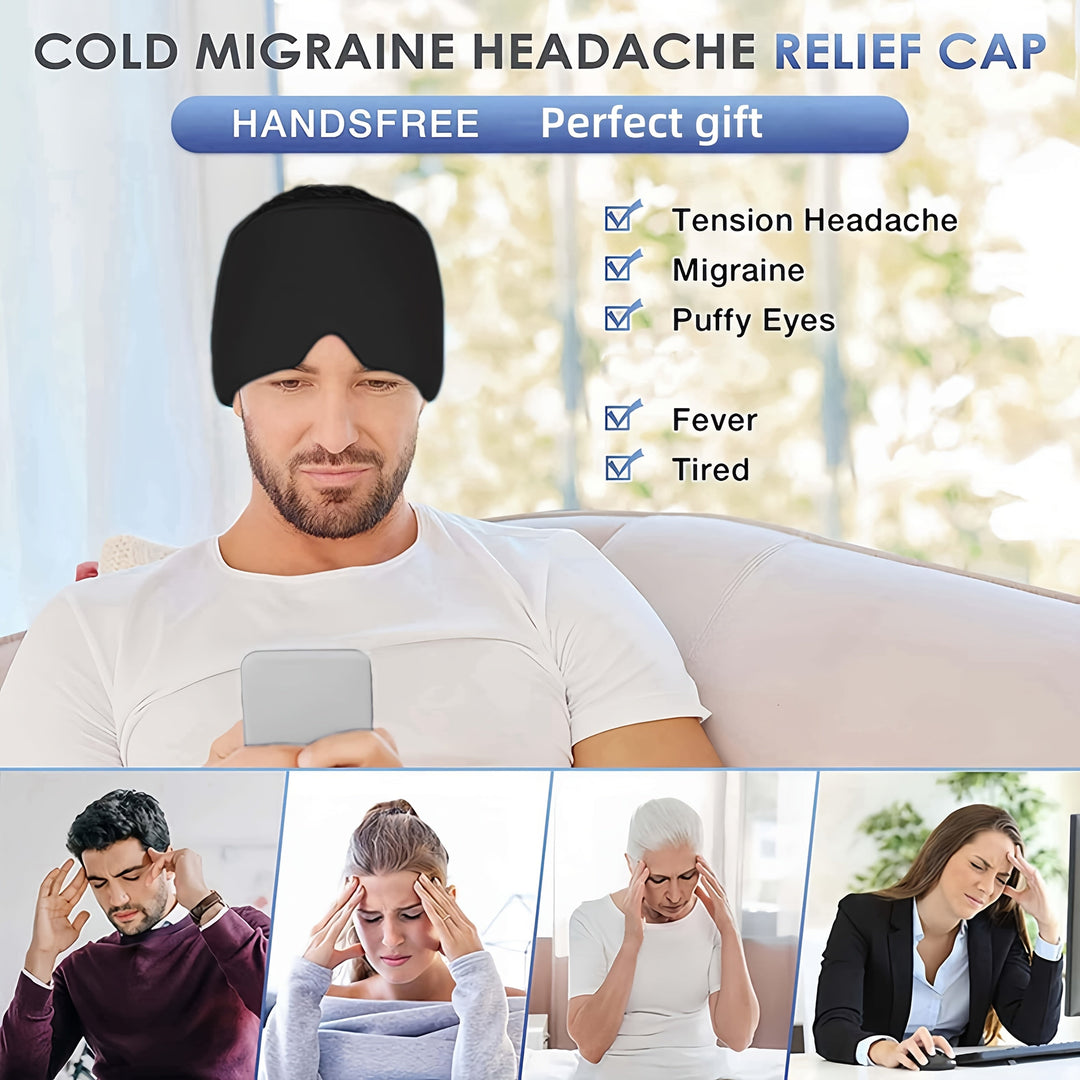 Adjustable cooling gel migraine hat, designed for comfortable, snug fit.